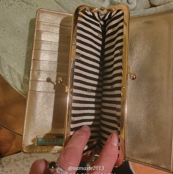 L.A.M.B. by Gwen Stefani Gold Glam Leather Fabric Wallet Designer Luxury #102 - Picture 5 of 16
